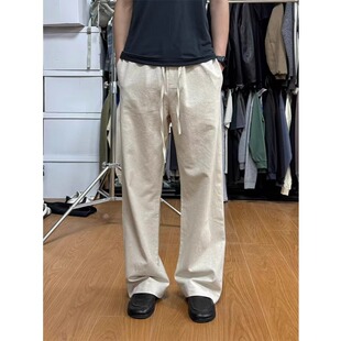 卡其色抽绳亚麻裤子男款夏季薄款直筒阔腿裤宽松百搭垂感休闲长裤