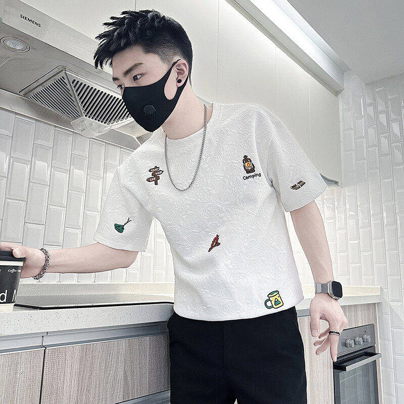白色提花刺绣短袖T恤男士潮牌痞帅高级感2025夏季新款网红半袖潮