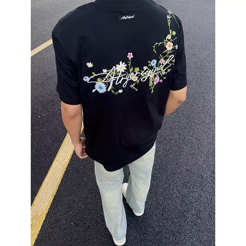 夏季新款美式高街花卉刺绣短袖男款潮牌重磅t恤情侣黑色高级上衣