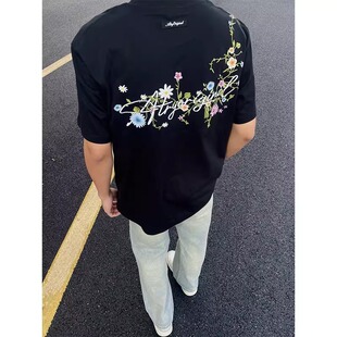夏季新款美式高街花卉刺绣短袖男款潮牌重磅t恤情侣黑色高级上衣