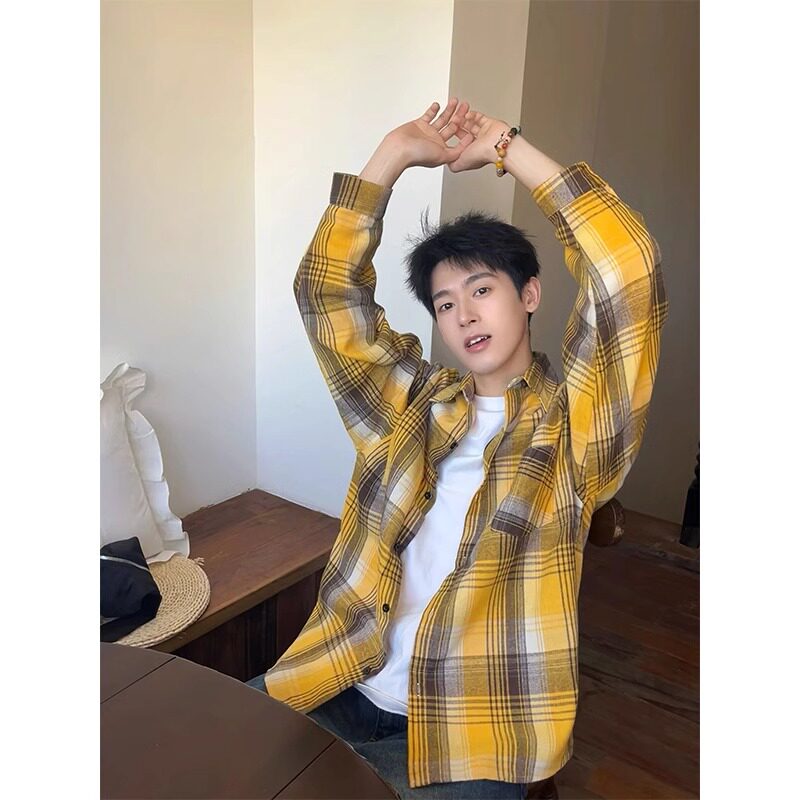 2025新款黄色格子衬衫男款夏季穿搭高级感长袖休闲衬衣防晒外套