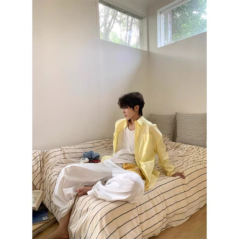 多巴胺浅黄色长袖衬衫男夏季新款韩系慵懒风防晒开衫外搭衬衣外套