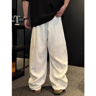 老钱风白色垂感亚麻休闲裤男夏季新款松弛感棉麻百搭直筒长裤子