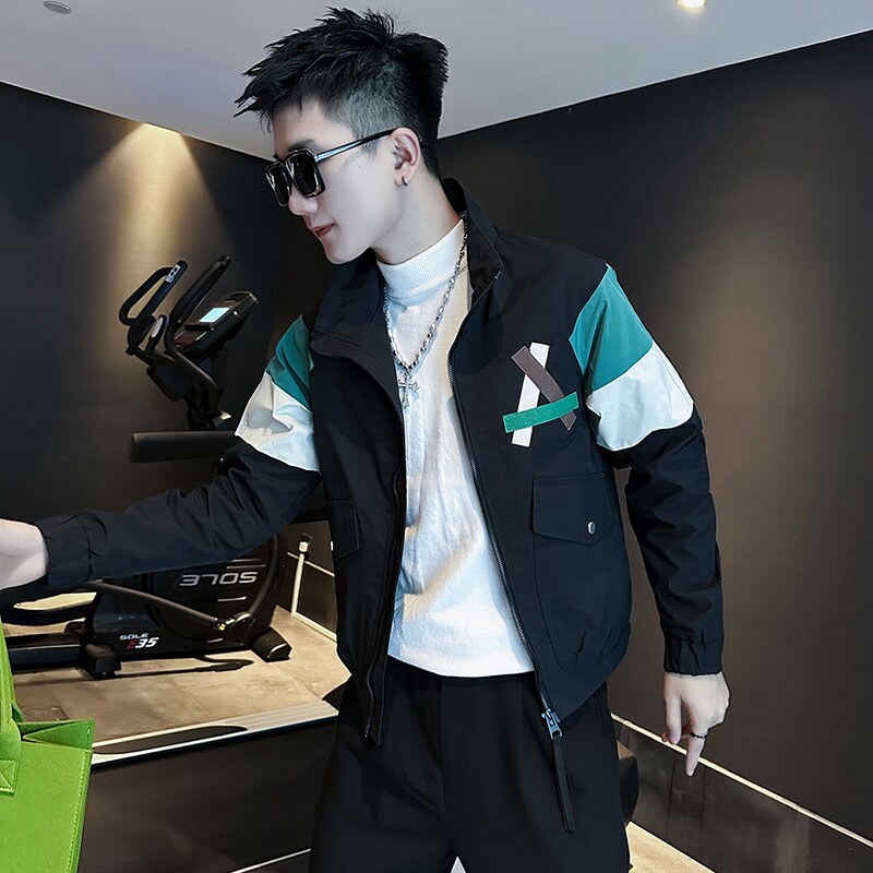 高档拼接外套男款潮流高级感痞帅修身立领夹克春秋季男士休闲衣服