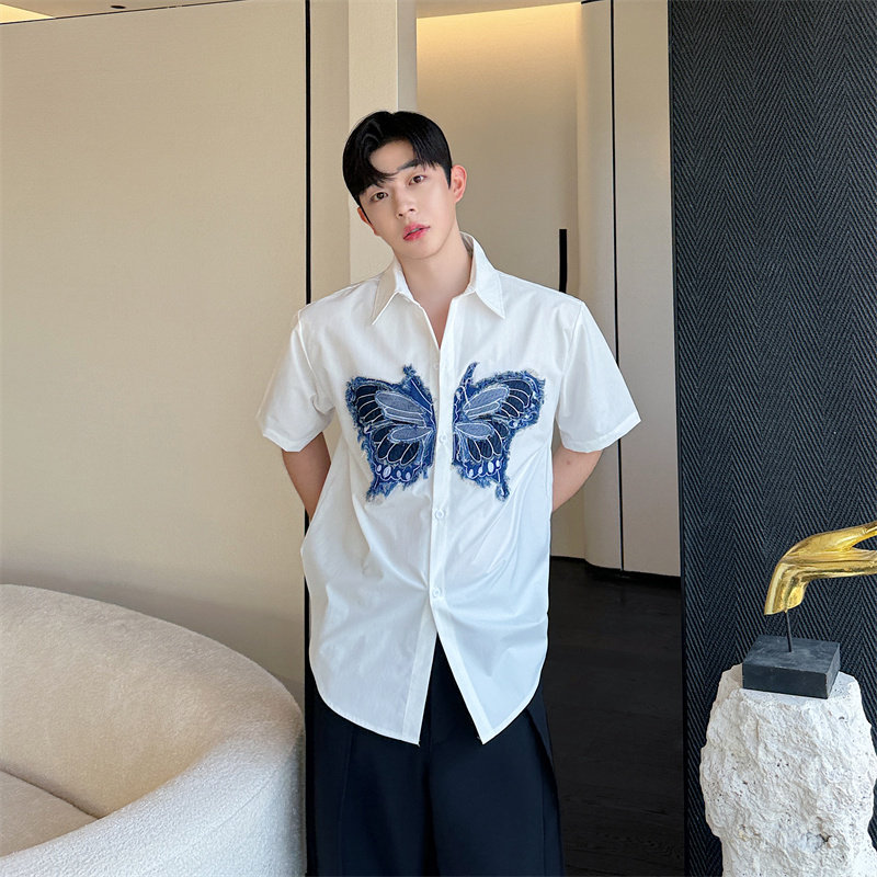 白色蝴蝶贴片短袖衬衫男款2025夏季韩版潮流痞帅百搭半袖情侣上衣