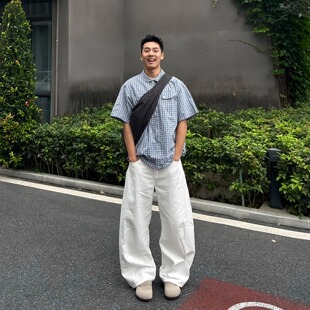 2025新款高腰垂感弯刀牛仔裤男款夏季显瘦宽松休闲阔腿痞帅长裤子