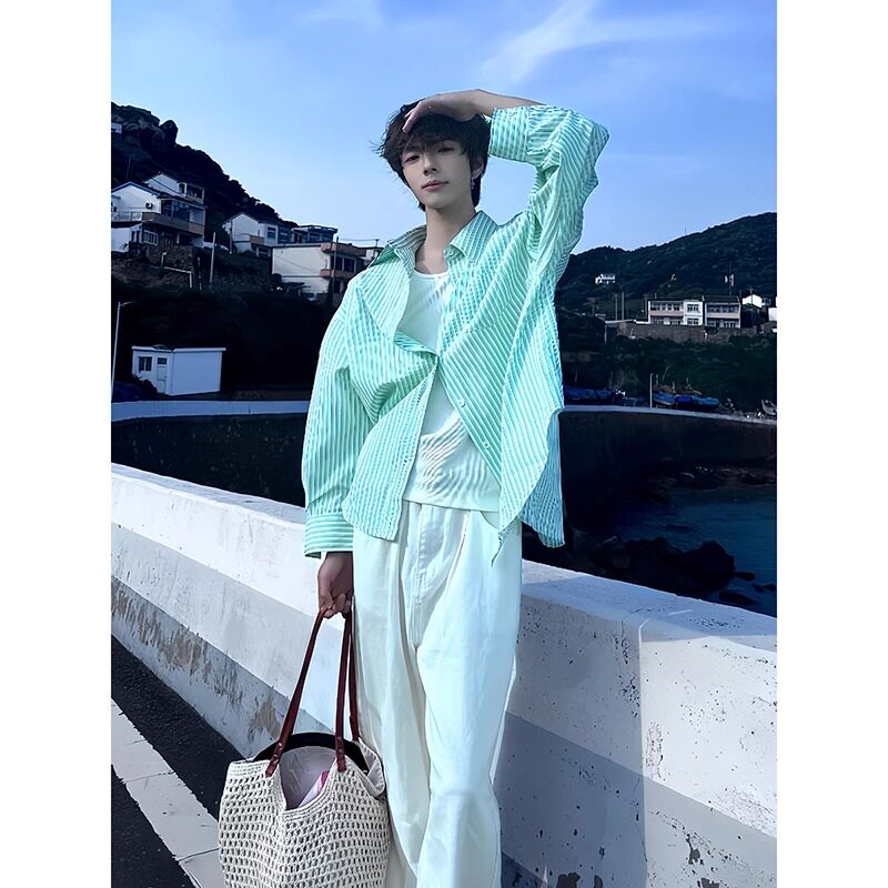 薄荷绿条纹长袖衬衫男款夏季少年感穿搭薄款长袖衬衣户外防晒外套