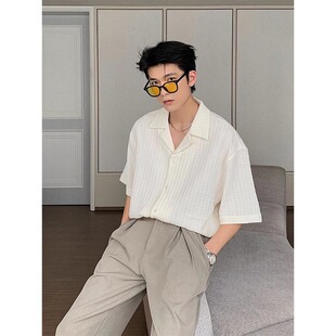 米白色冰丝肌理感短袖衬衫男夏季高级感宽松慵懒风百搭半袖衬衣潮