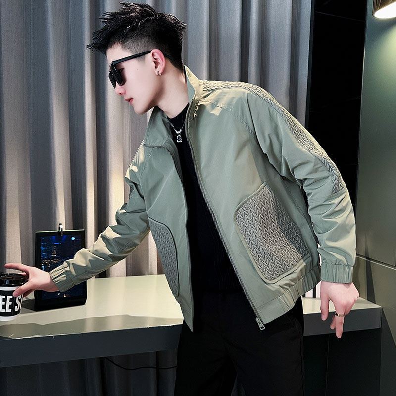 拼接夹克男士春秋季款高级感痞帅修身立领外套男装潮牌休闲上衣服