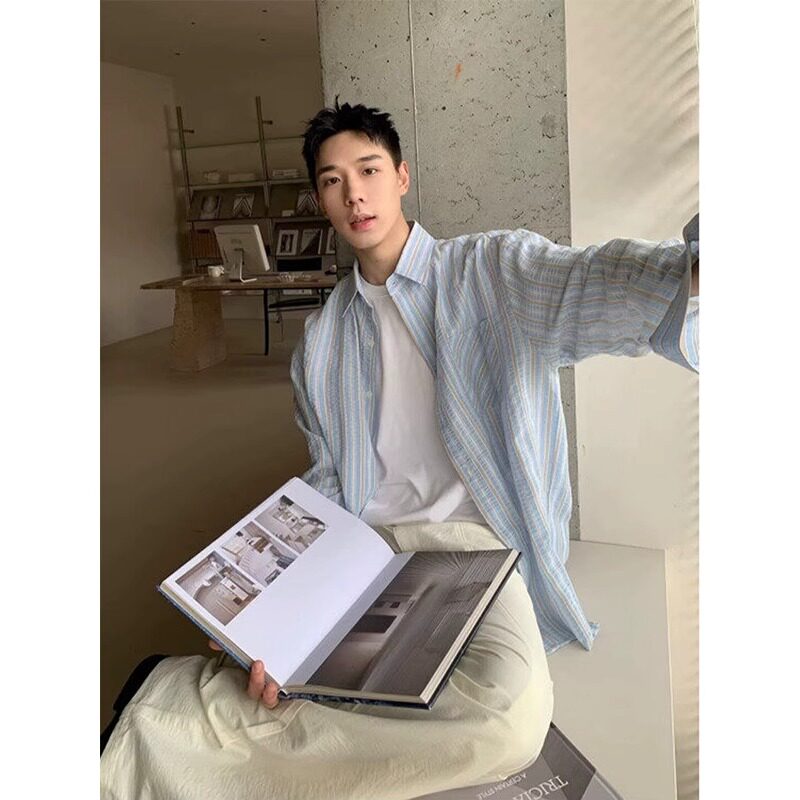 扎染条纹长袖衬衫男2025夏季新款韩系宽松慵懒风休闲百搭衬衣外套