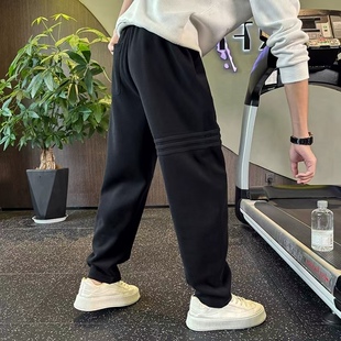男士条纹卫裤2025秋冬新款潮牌宽松运动裤加绒加厚直筒休闲长裤子