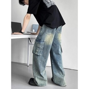 2025新款蓝色工装牛仔裤男款夏季水洗复古美式高街多口袋阔腿裤潮