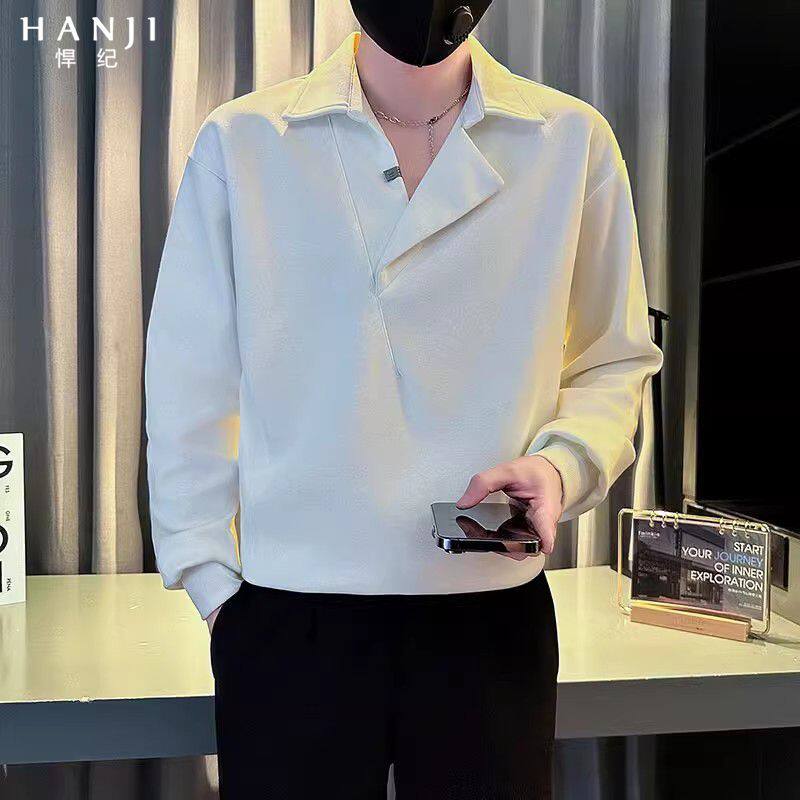 白色卫衣男士秋款高级感痞帅V领长袖T恤打底衫春装潮牌外套上衣服