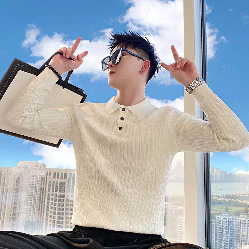白色内搭冬季毛衣男潮牌POLO衫领长袖修身高级感针织衫毛线衣男装