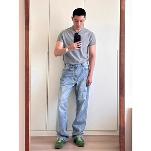 25年新款浅蓝色牛仔裤男款夏季潮牌修身显瘦百搭阔腿微喇直筒长裤
