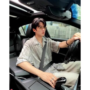 2025新款冰丝翻领短袖衬衫男款夏季薄款宽松休闲百搭提花半袖上衣