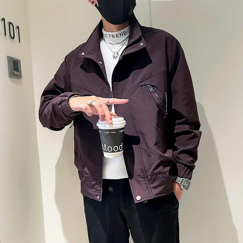 紫色夹克男士春秋款高级感潮牌修身立领外套成熟痞帅男装休闲上衣