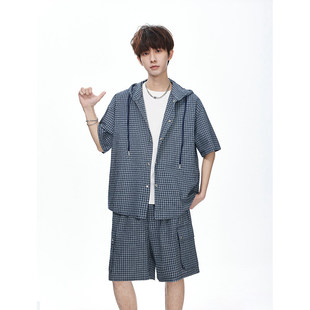 美式高街格纹连帽衬衫套装男款夏季潮牌宽松短袖衬衣短裤两件套潮