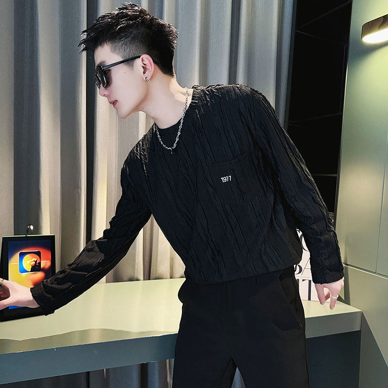 黑色长袖T恤男士春秋款高级感痞帅圆领打底衫男装潮牌内搭上衣服