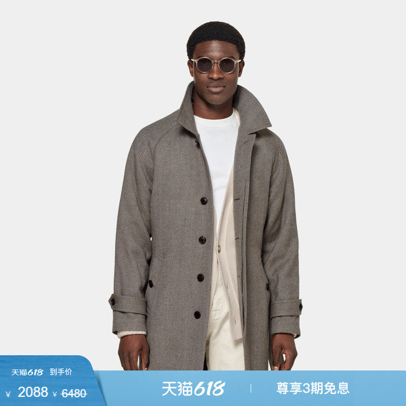 奥莱SUITSUPPLY灰褐色毛呢大衣羊毛山羊绒混纺束腰外套