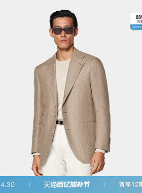 SUITSUPPLY中棕色亚麻混纺慵懒男犬牙格纹西装上衣