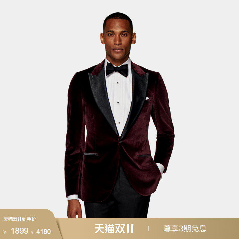 奥莱SUITSUPPLY酒红色棉混纺西服外套合体商务男士礼服西装上衣