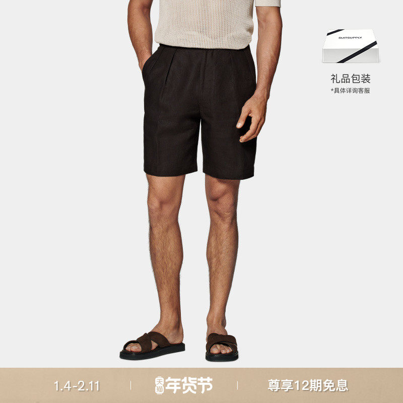 SUITSUPPLY秋深棕色亚麻宽松男士褶裥休闲短裤,男装,短裤,淘宝优惠券,粉丝福利购,淘宝优惠卷