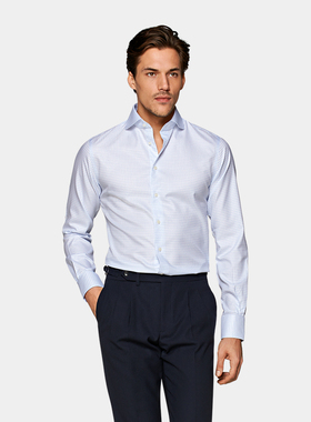 奥莱SUITSUPPLY-Traveller蓝色双股棉格纹弧开领男士衬衫