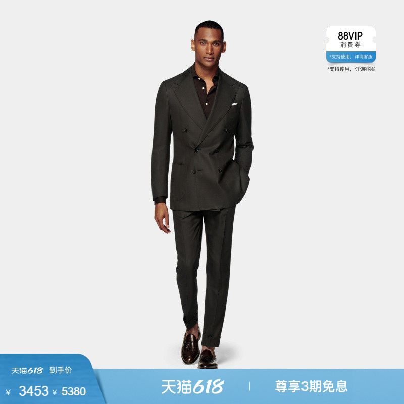 奥莱SUITSUPPLY深棕色羊毛桑蚕丝亚麻双排扣男士西装套装