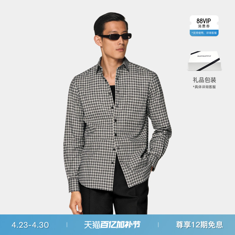 SUITSUPPLY-黑色埃及棉法兰绒格纹商务休闲衬衫