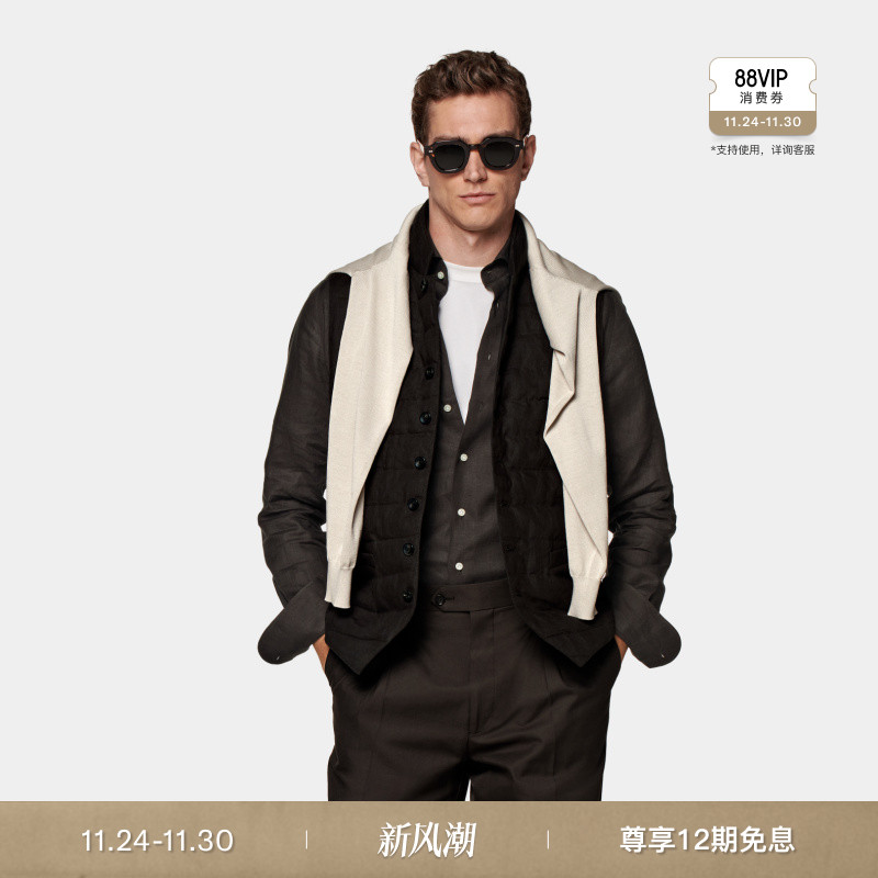 Suitsupply深棕色亚麻羽绒马甲