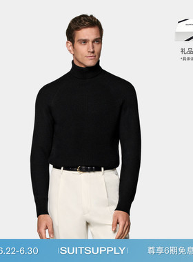 SUITSUPPLY黑色美利奴羊毛男士高领长袖针织衫毛衣