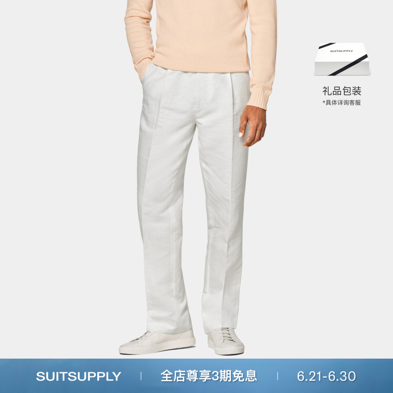 春夏SUITSUPPLY米白色亚麻混纺休闲宽松直筒阔腿男薄款长裤