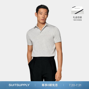 SUITSUPPLY夏浅灰色棉桑蚕丝混纺男士 短袖 纽扣Polo衫