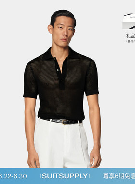 SUITSUPPLY黑色棉桑蚕丝混纺编织男士短袖Polo衫