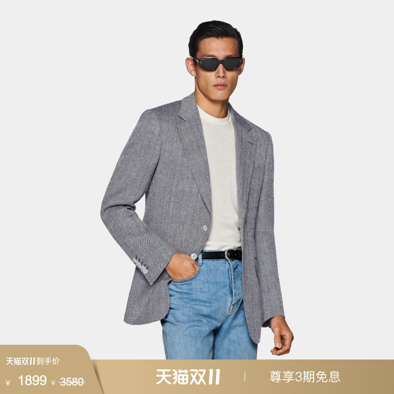 奥莱SUITSUPPLY藏青色羊毛亚麻混纺西服外套男士西装上衣