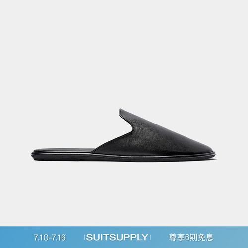 SUITSUPPLY黑色牛皮革拖鞋男士休闲清爽