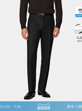 SUITSUPPLY黑色S120支羊毛法兰绒标准直筒男士长裤