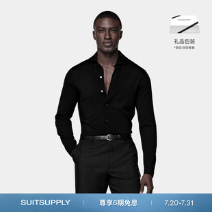 SUITSUPPLY夏黑色美利奴羊毛长袖 男士 Polo开襟衫