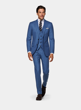 奥莱SUITSUPPLY-Lazio浅蓝色S120支羊毛商务休闲男士西装三件套