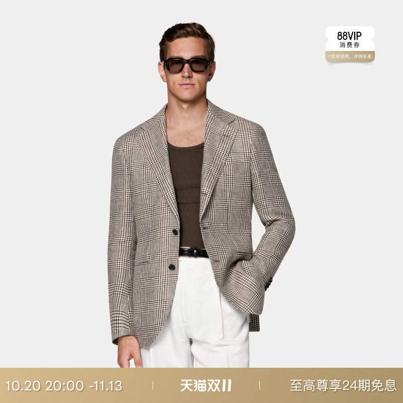 SUITSUPPLY中棕色亚麻单排扣西装外套