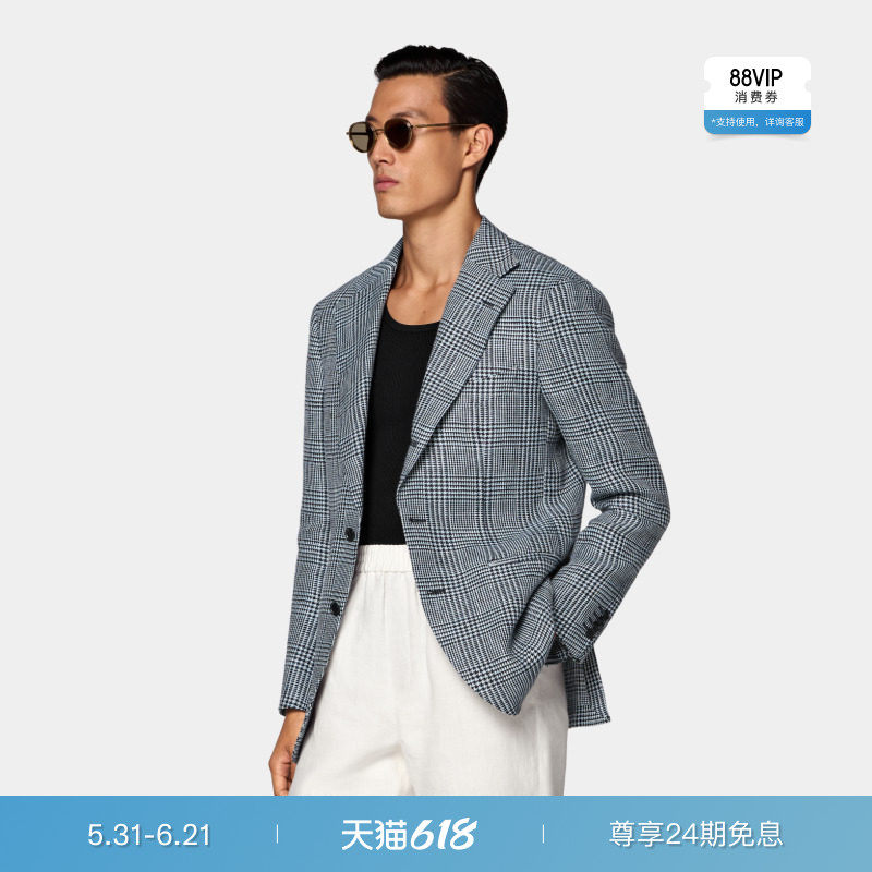 26夏季新品SUITSUPPLY浅蓝色格纹亚麻单排扣西装上衣外套