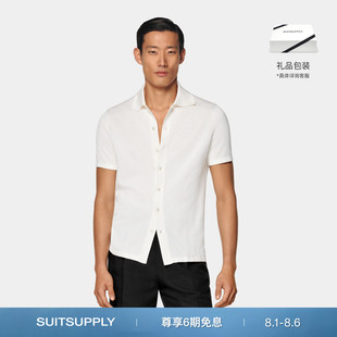 SUITSUPPLY夏米白色棉桑蚕丝混纺男士 纯色短袖 Polo开襟衫