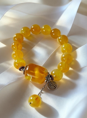 新中式国风原创设计天然蜜蜡金绞蜜桶珠珠串复古老银链手串手链