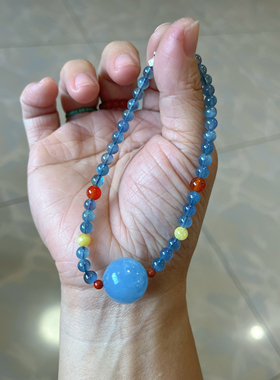 新中式国风原创天然海蓝宝水晶大圆珠蜜蜡南红手串手链女