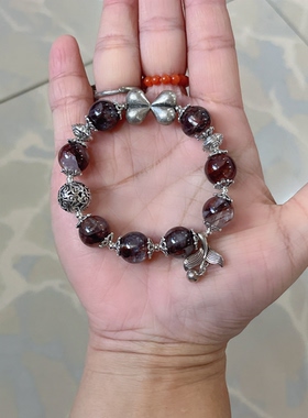 新中式国风原创设计天然牛血胶花水晶老银复古小众手串手链