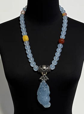 新中式国风原创设计天然海蓝宝水晶金蟾吊坠复古老银桶珠长项链女