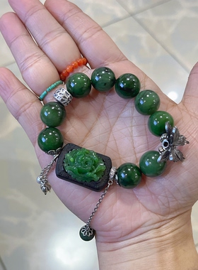 新中式国风原创设计天然和田玉花牌镶嵌沉香碧玉珠串老银手串手链