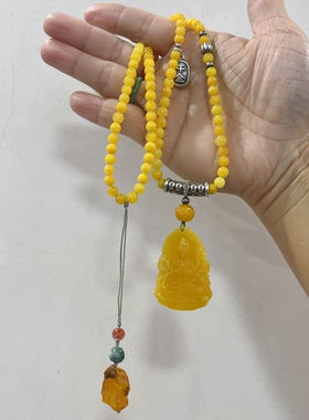 新中式国风原创天然原矿鸡油黄蜜蜡观音吊坠珠串老银项链毛衣链