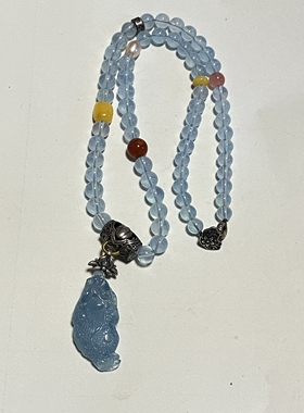 新中式国风原创设计天然海蓝宝水晶金蟾吊坠复古老银桶珠长项链女